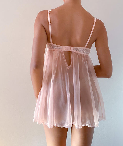 Rare Vintage VICTORIA'S SECRET PINK LACE MESH CHEMISE BABYDOLL